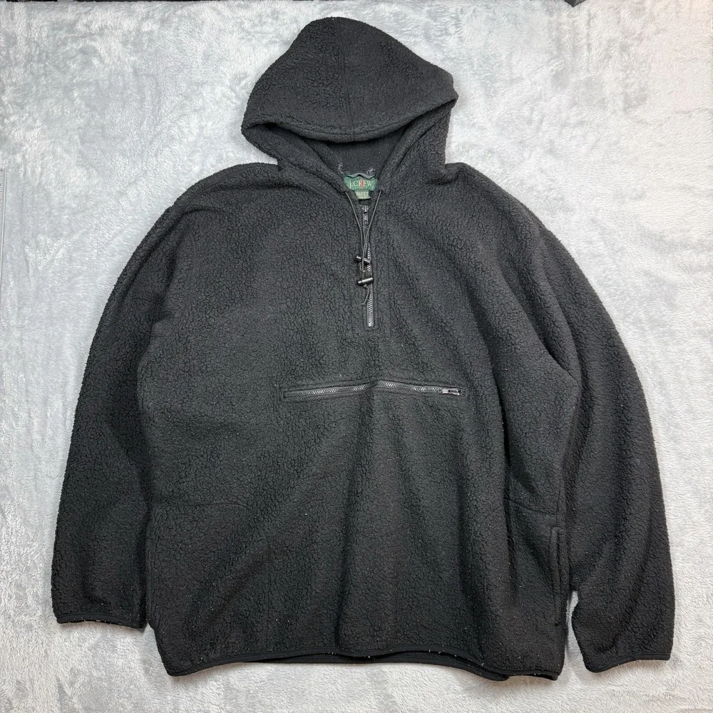 Vintage J Crew Oarsman Sherpa Anorak Mens XXL Black Pullover Hooded 1/4 Zip